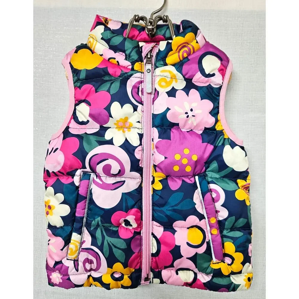 Hanna Andersson Girls Superlight Down Vest Floral Navy Multicolor US 3T 90cm - Picture 2 of 4